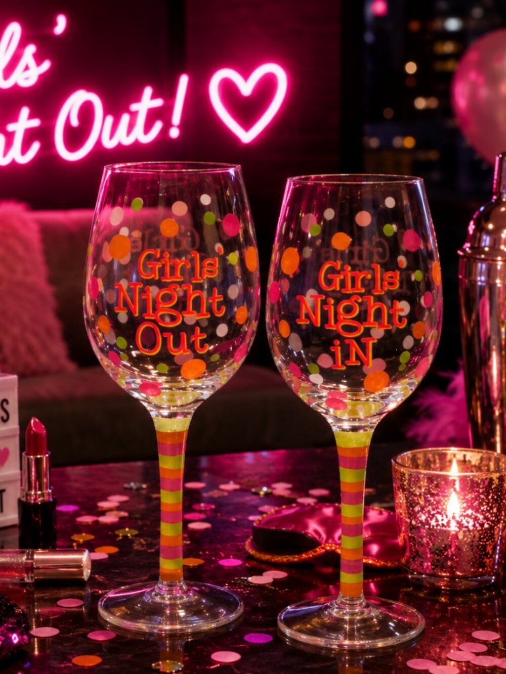 Girl's Night Out / Girl's Night In Set of Two Hand Painted Wine Glasses
